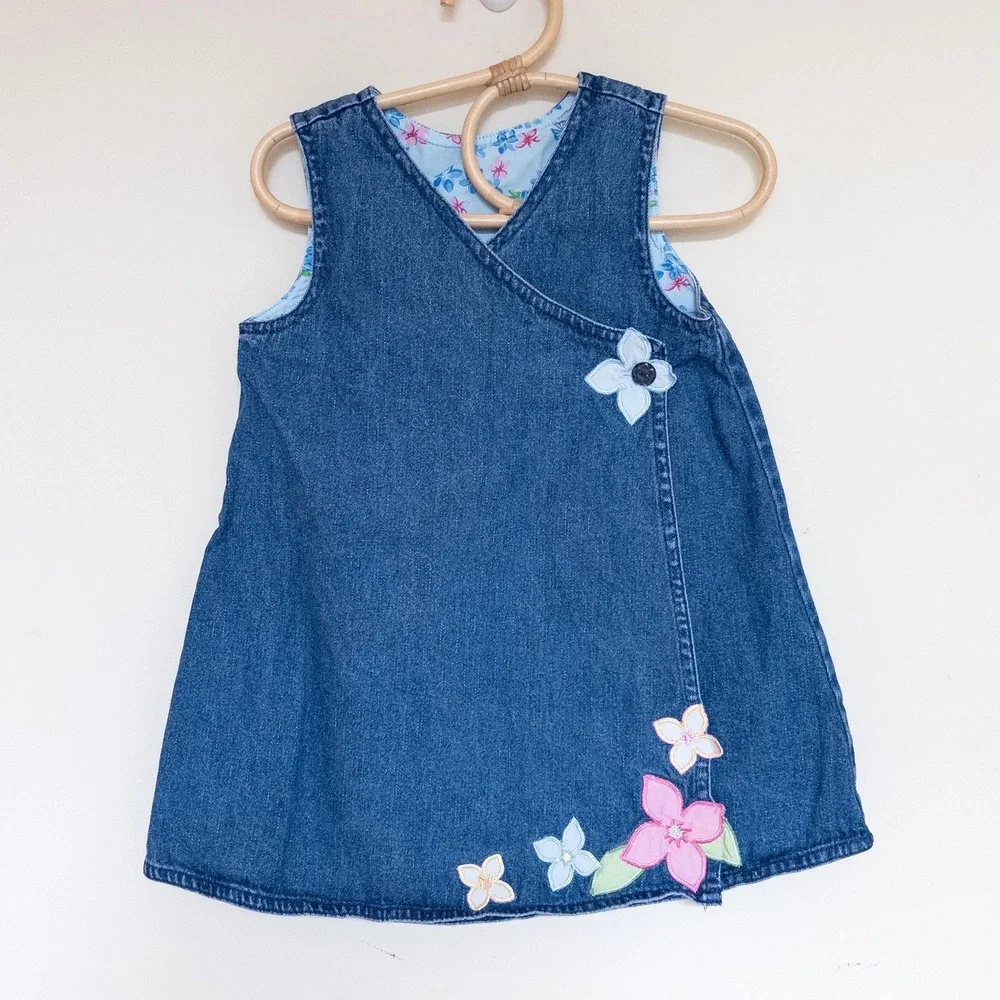 Vintage Faded Glory Jumper Dress Blue Denim Floral Applique Kids 24 Months